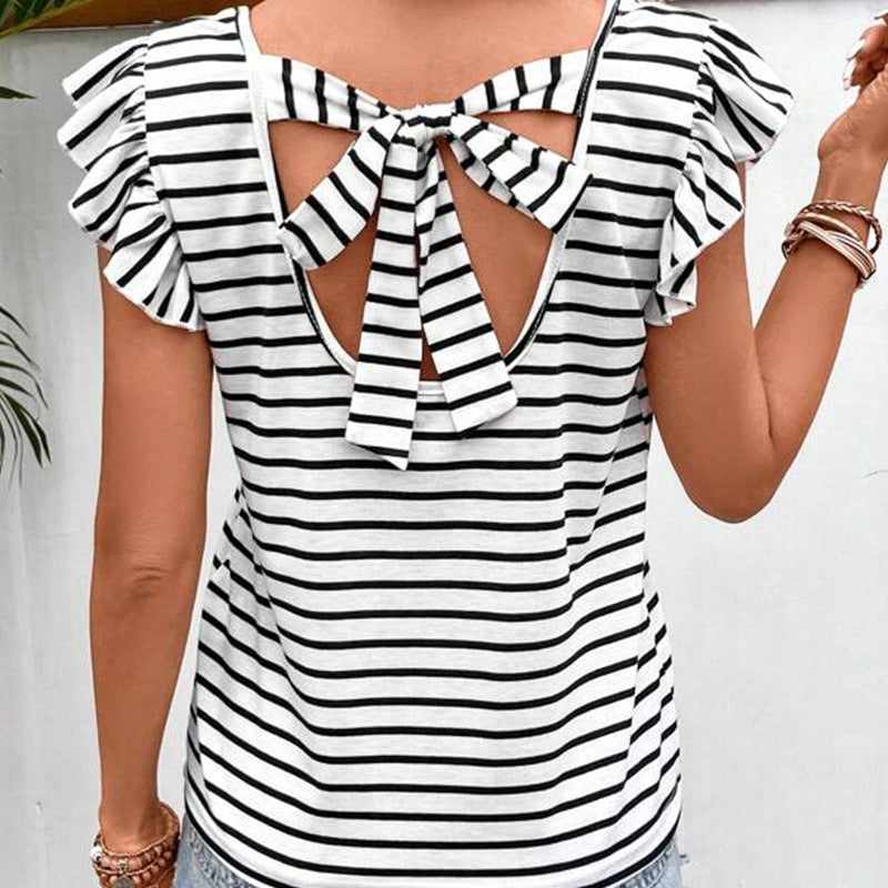 Striped Flutter-Sleeve Tie-Back Top