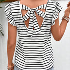 Striped Flutter-Sleeve Tie-Back Top