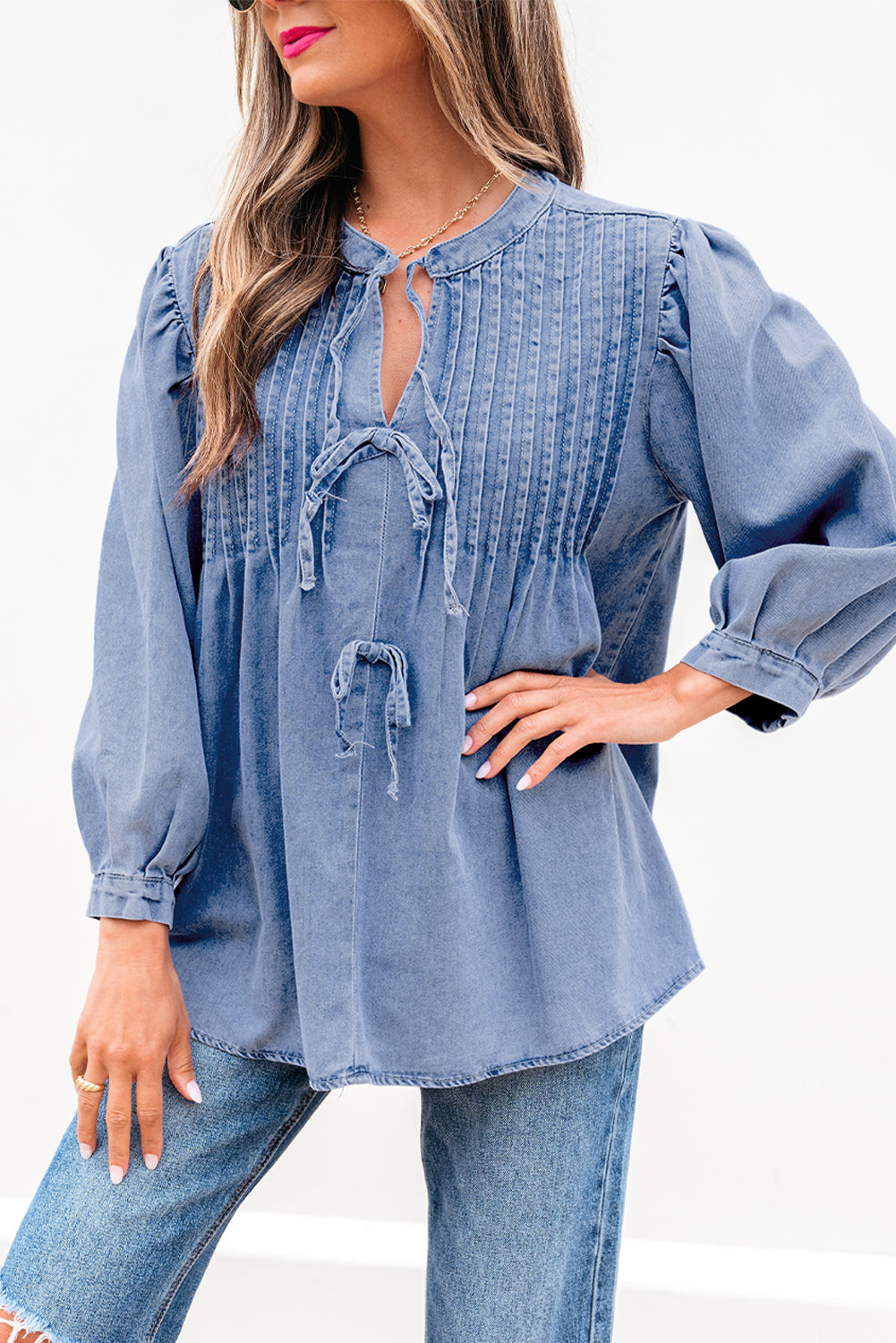 Blue Denim Pintuck Bow Tie Puff Sleeve Top
