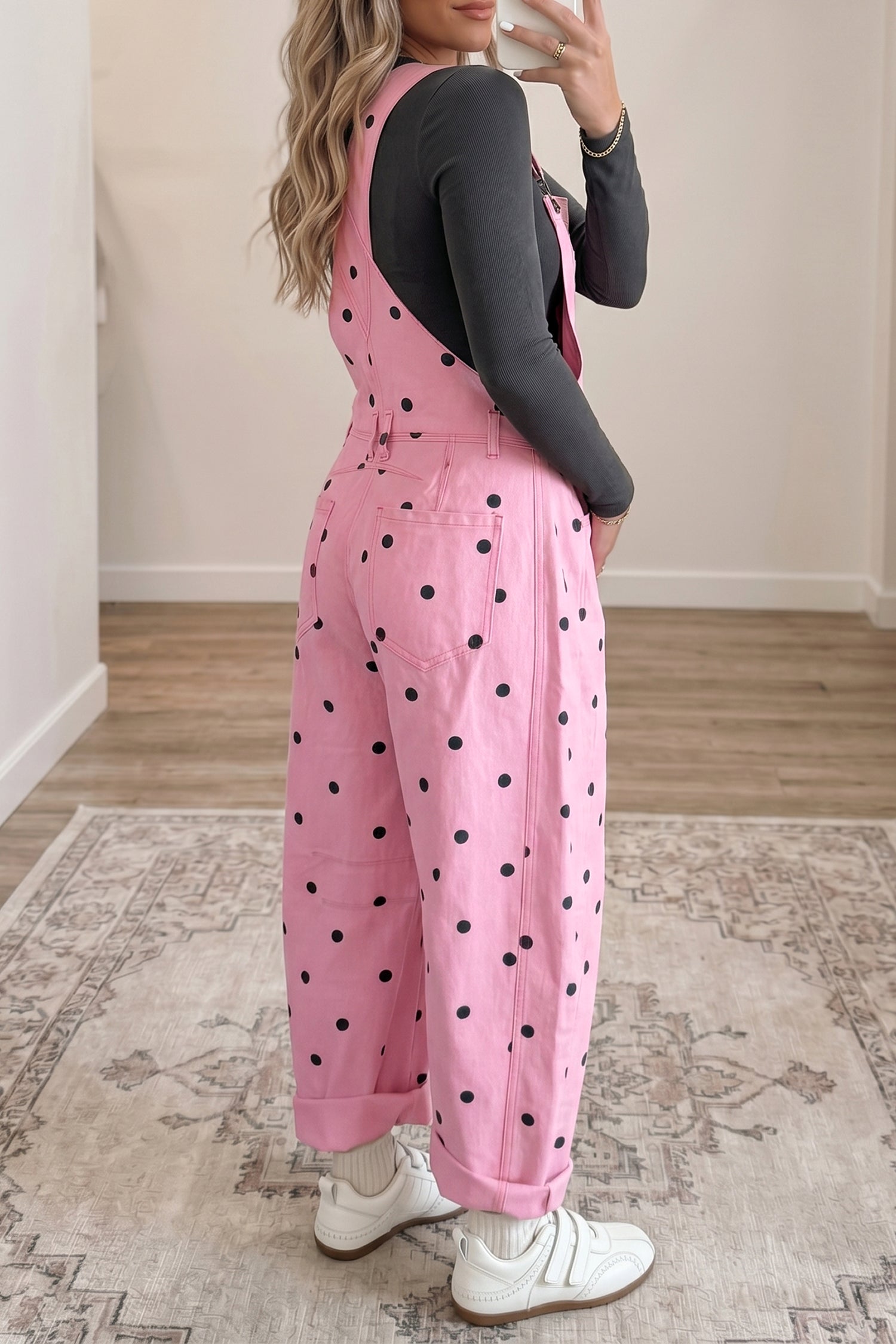 Polka Dot Denim Barrel-Leg Overalls