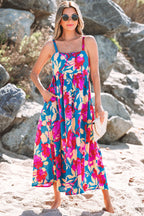 Blue Floral Sleeveless Flared Midi Dress