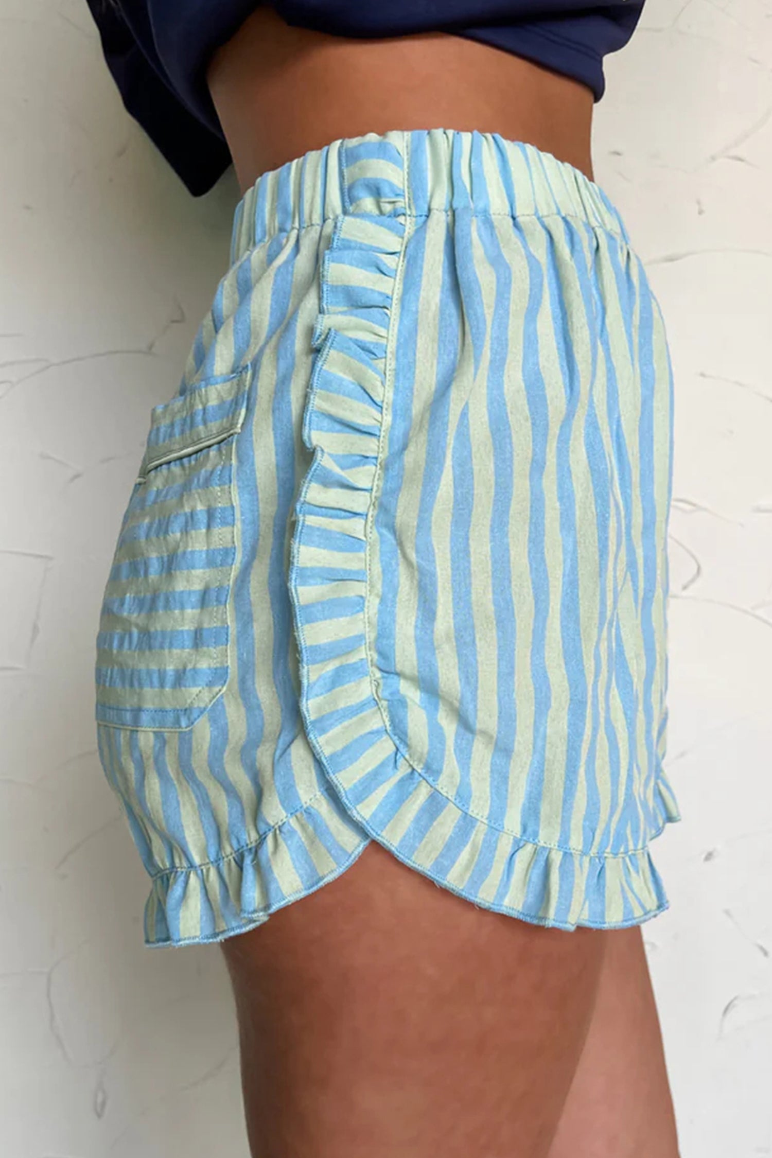 Striped Elastic-Waist Ruffle-Trim Shorts