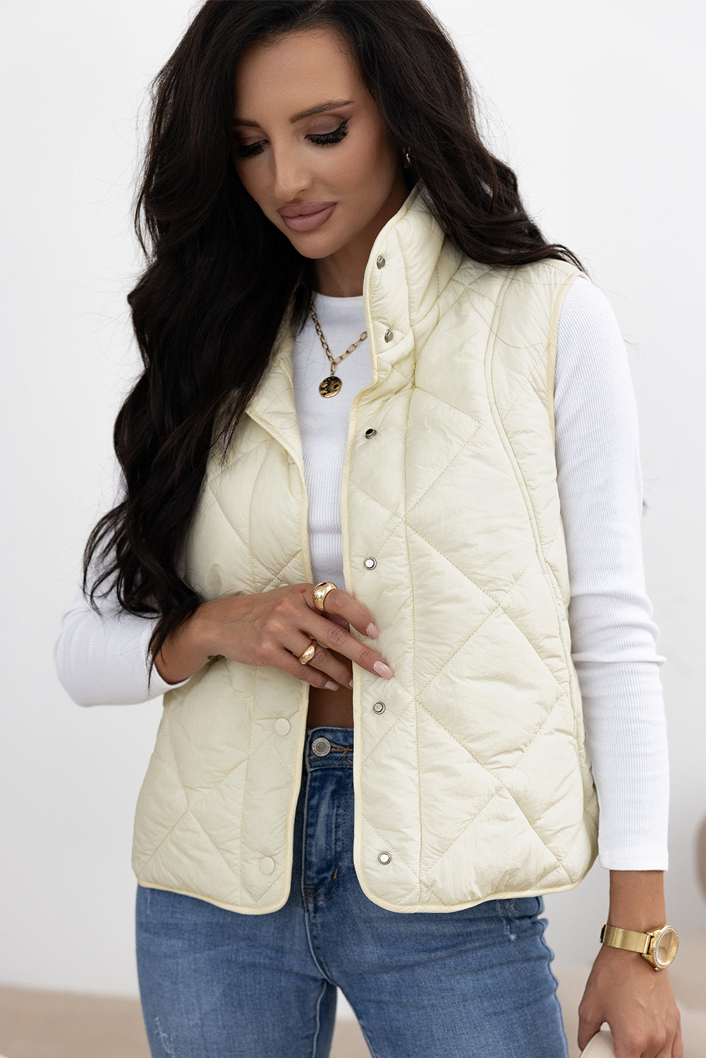 Quilted High-Neck Button-Up Vest