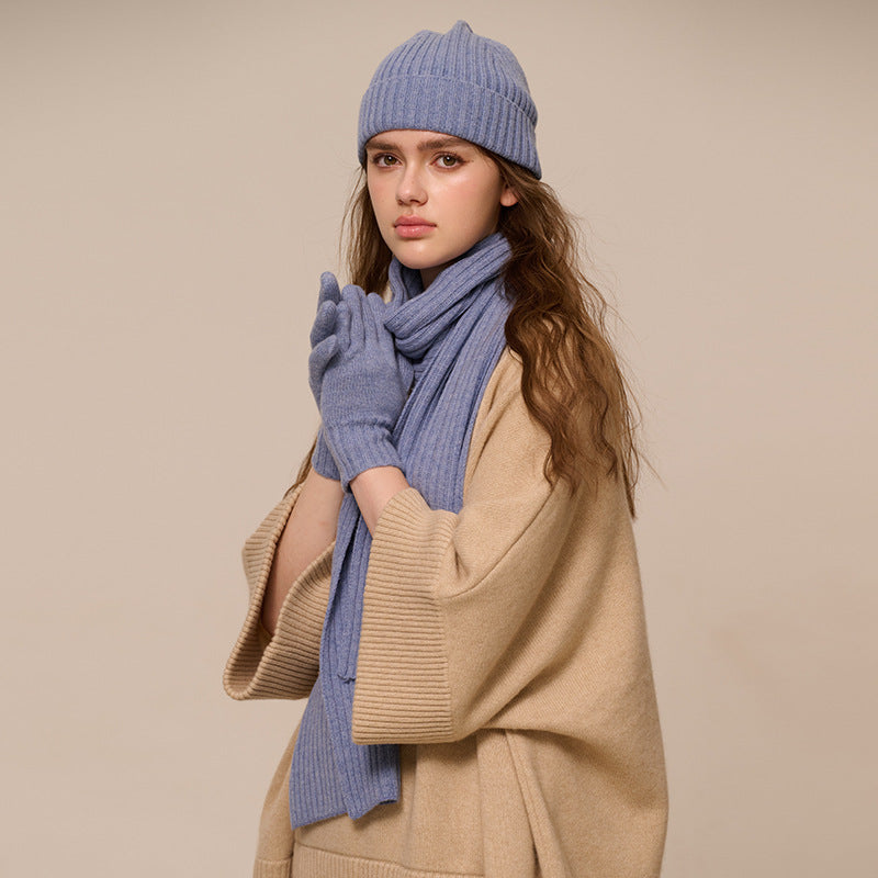 Ribbed Wool Beanie, Scarf and Gloves Set