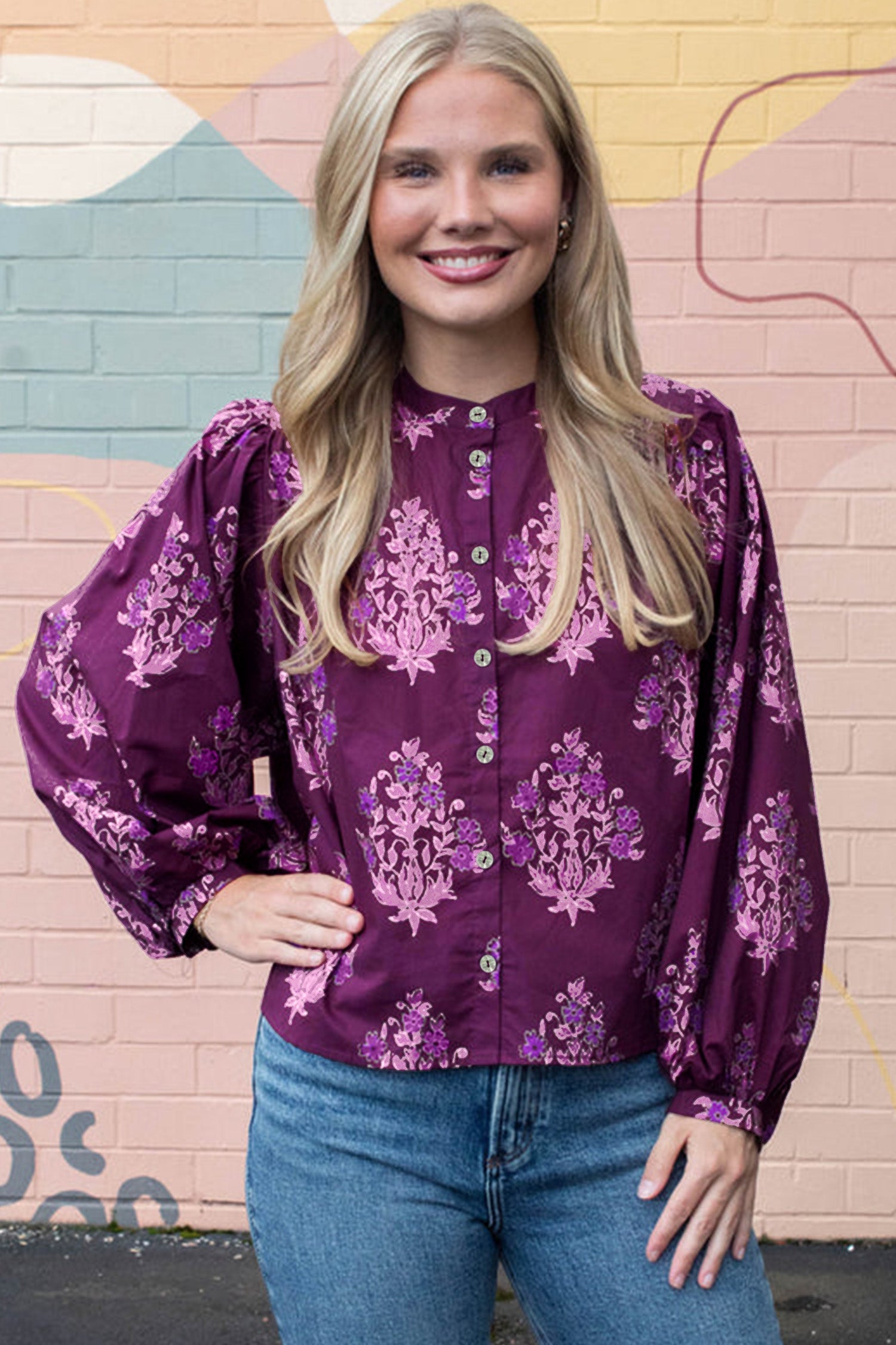 Floral Button-Front Puff-Sleeve Shirt