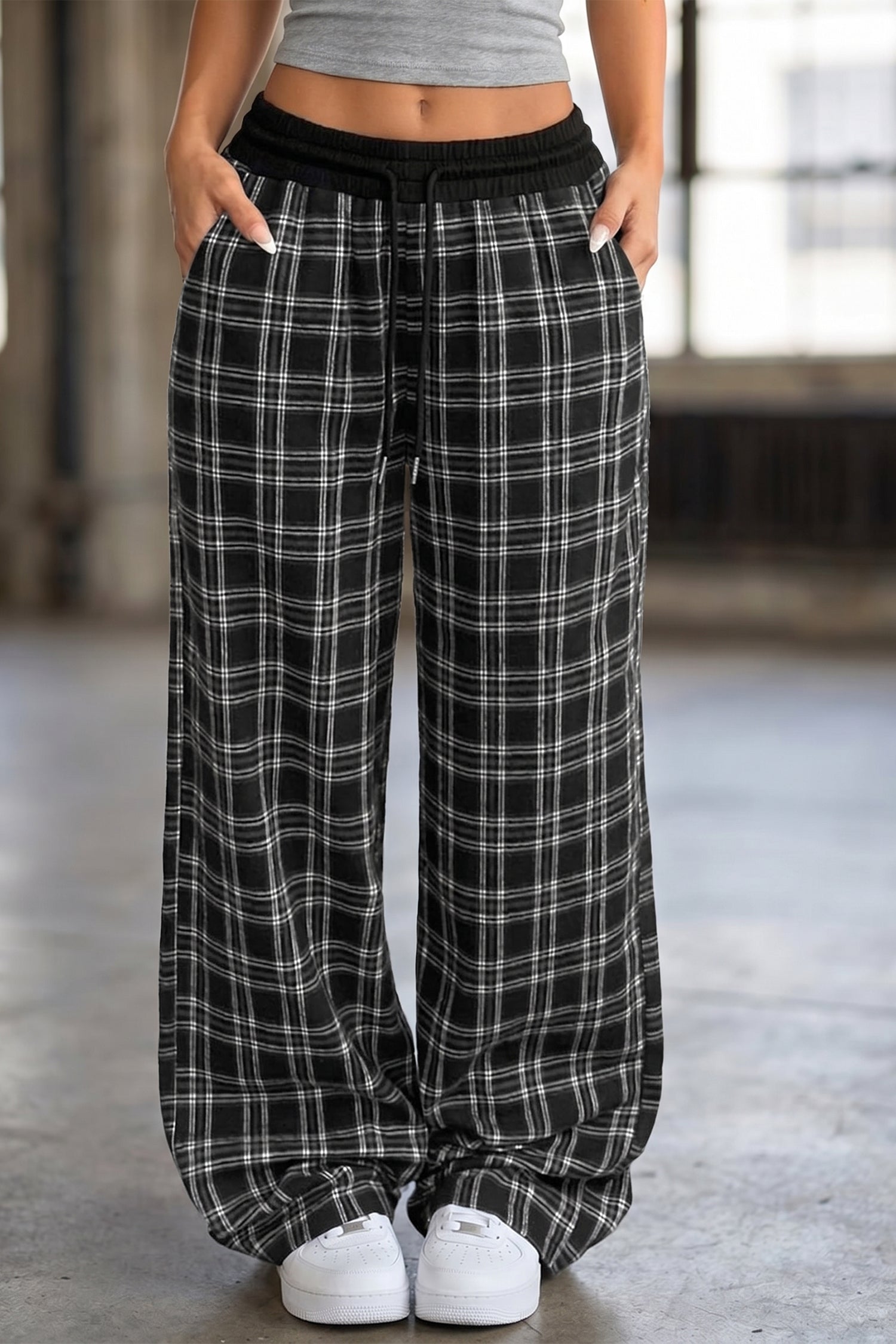 Plaid Contrast Drawstring Wide-Leg Pants