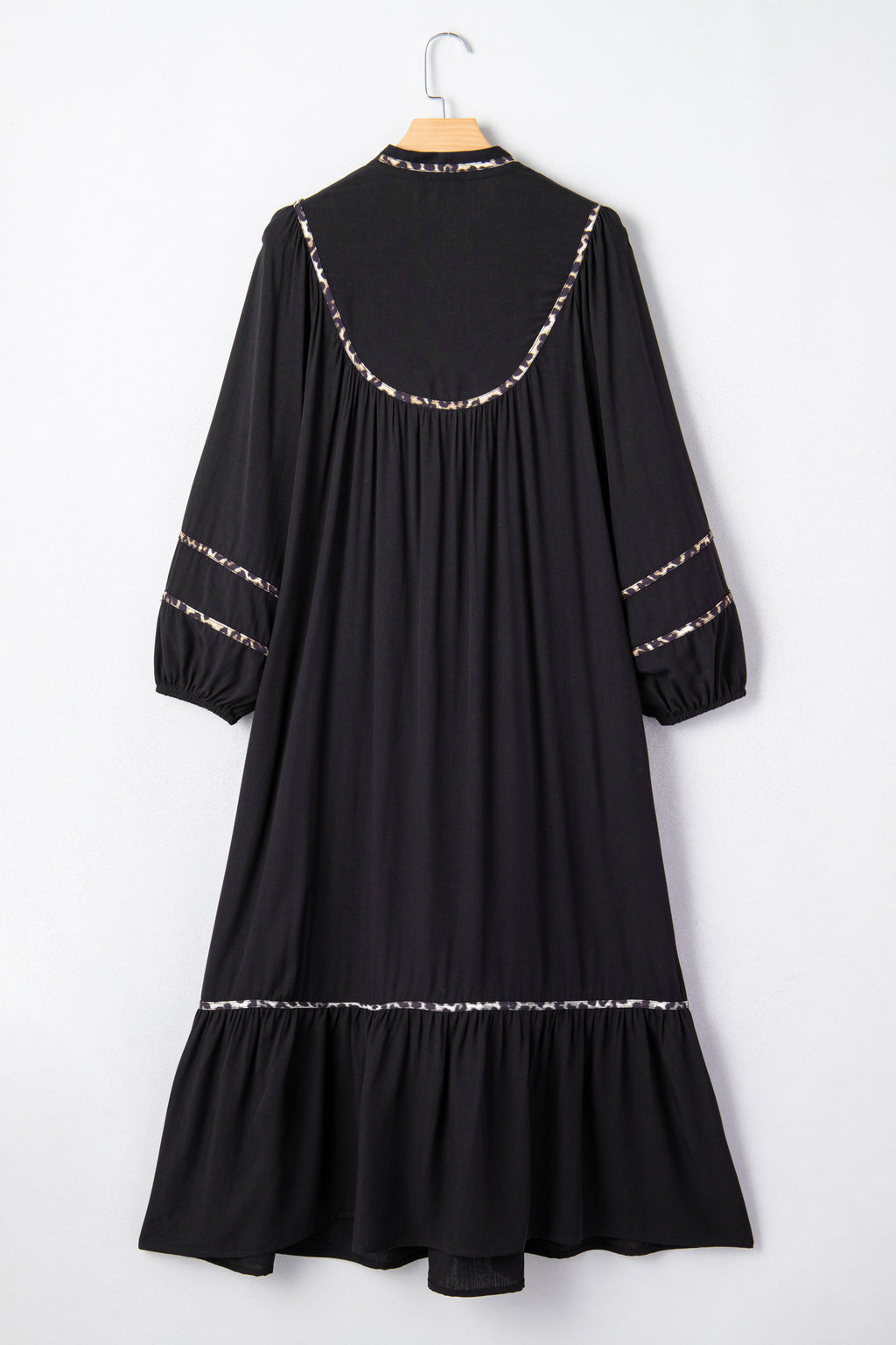 Leopard-Trim Split-Neck Long-Sleeve Midi Dress
