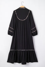 Leopard-Trim Split-Neck Long-Sleeve Midi Dress