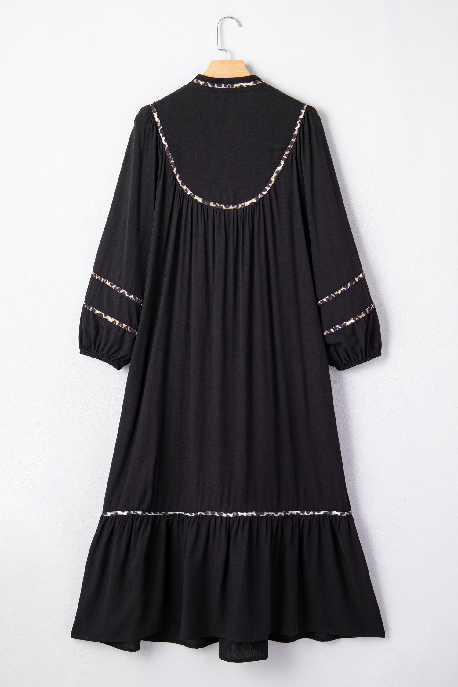 Leopard-Trim Split-Neck Long-Sleeve Midi Dress