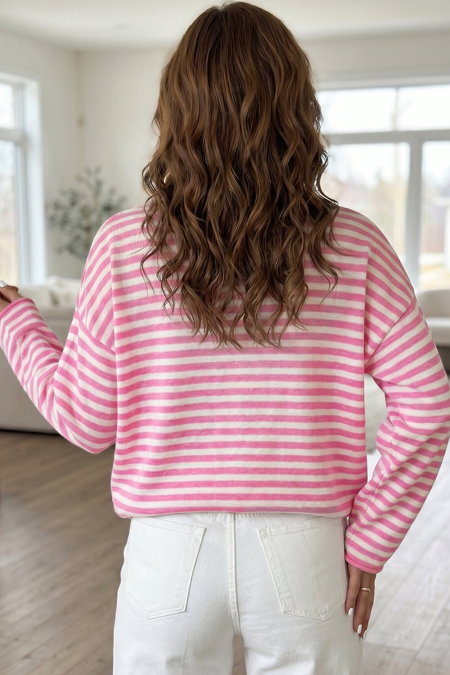 Striped Button Placket Drop Shoulder Sweater