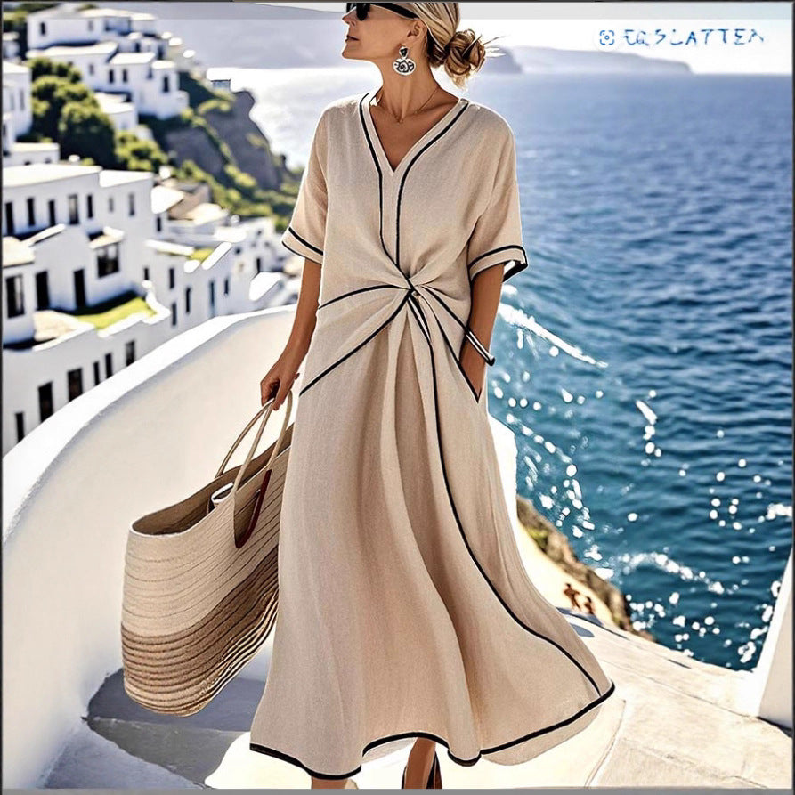 Contrast-Trim Twist-Front Maxi Dress