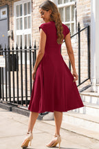 V-Neck Pleated Flared Midi Dress