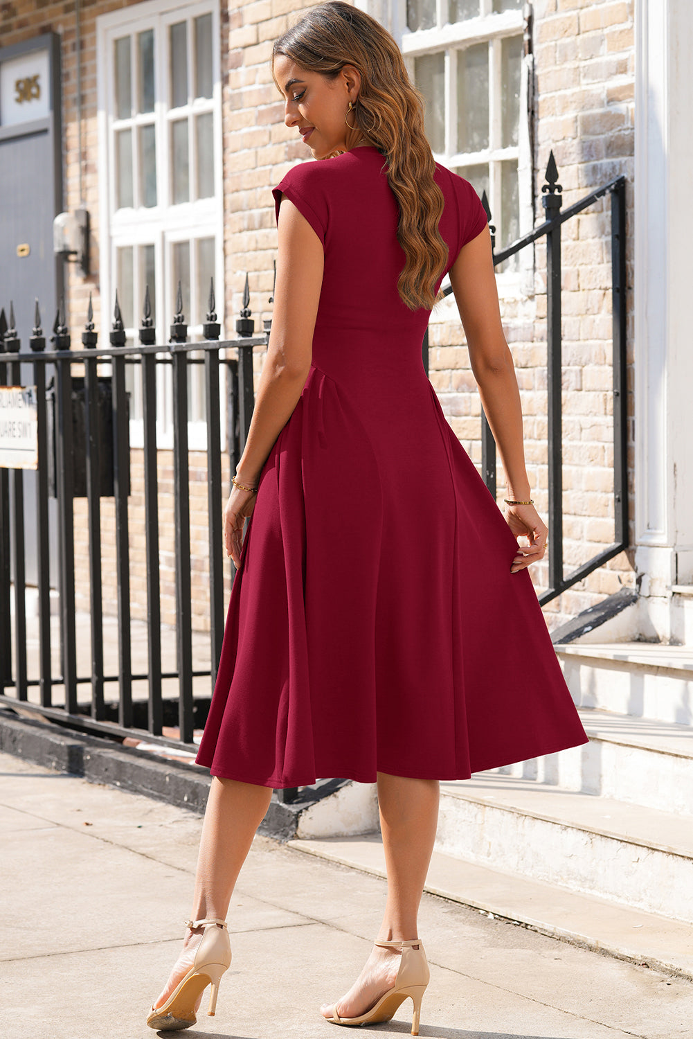 V-Neck Pleated Flared Midi Dress