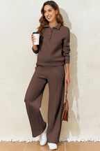 Collared Sweatshirt and High-Waist Pants Set