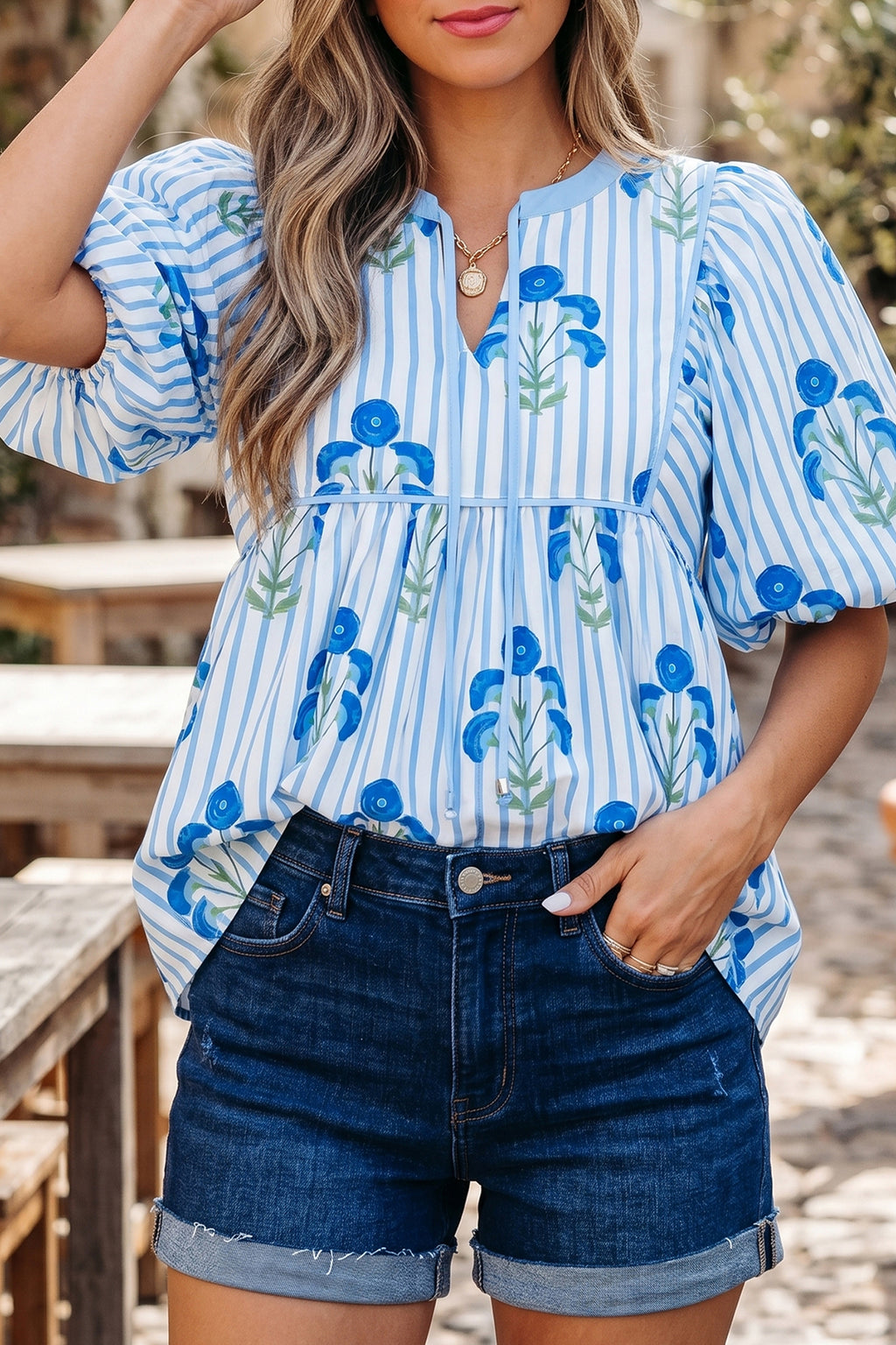Floral Tie-Neck Puff-Sleeve Blouse