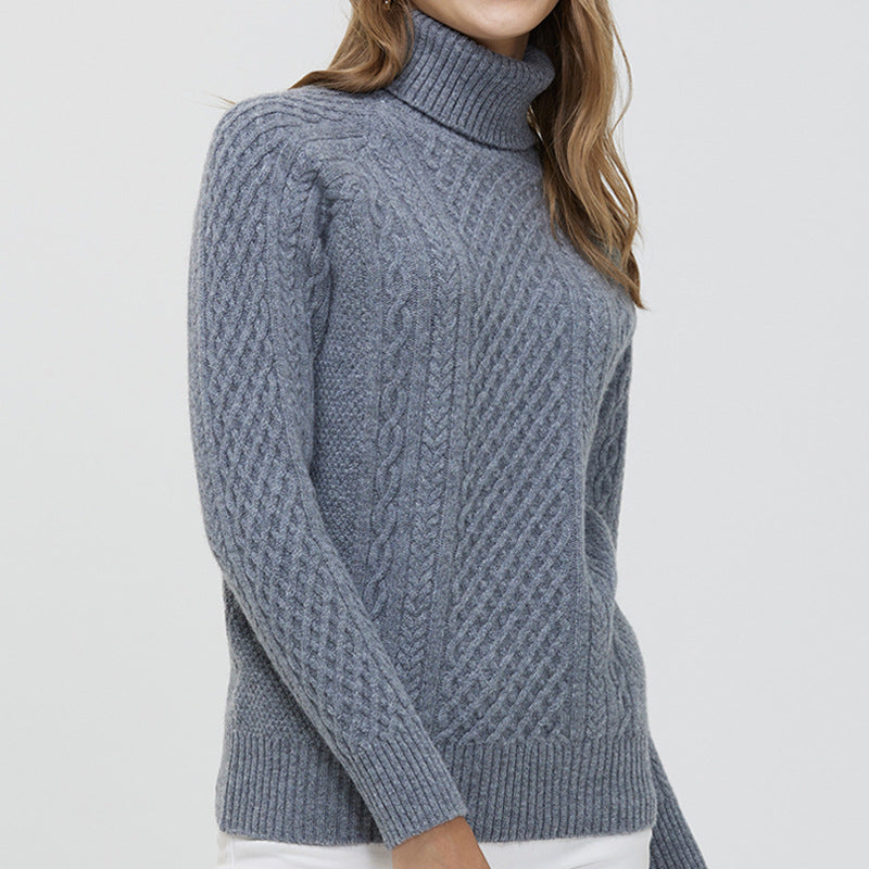 High-Neck Cable-Knit Wool Sweater