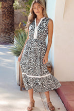 Leopard Print Colorblock Trim Sleeveless Midi Dress