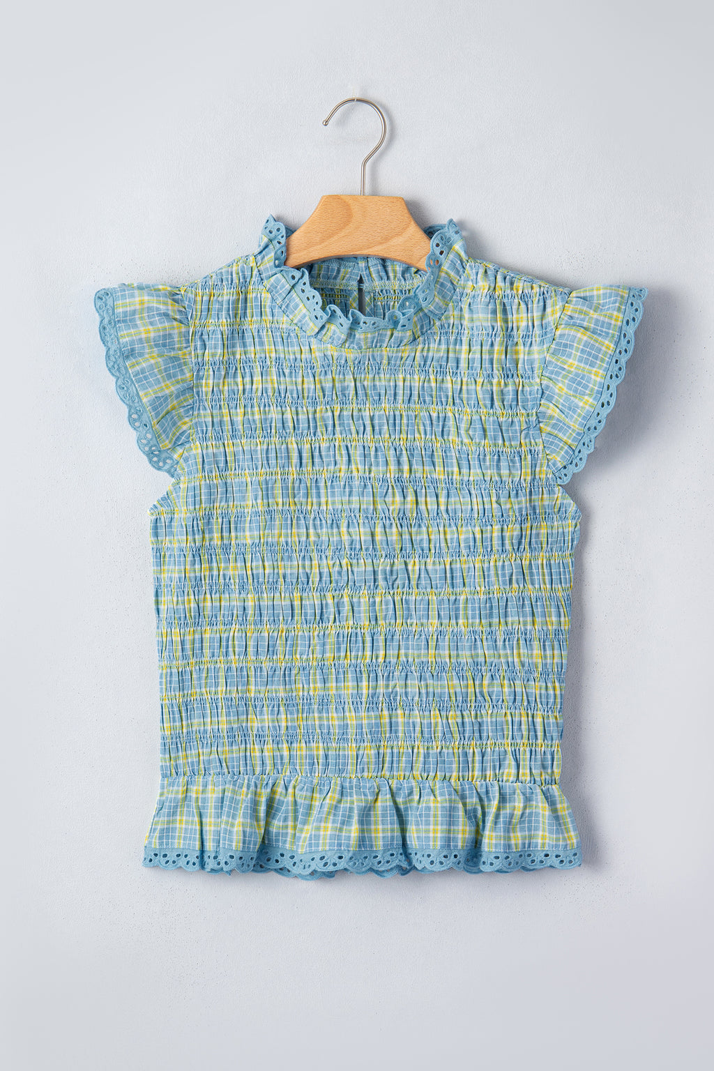 Gingham Smocked Lace-Trim Tank Top