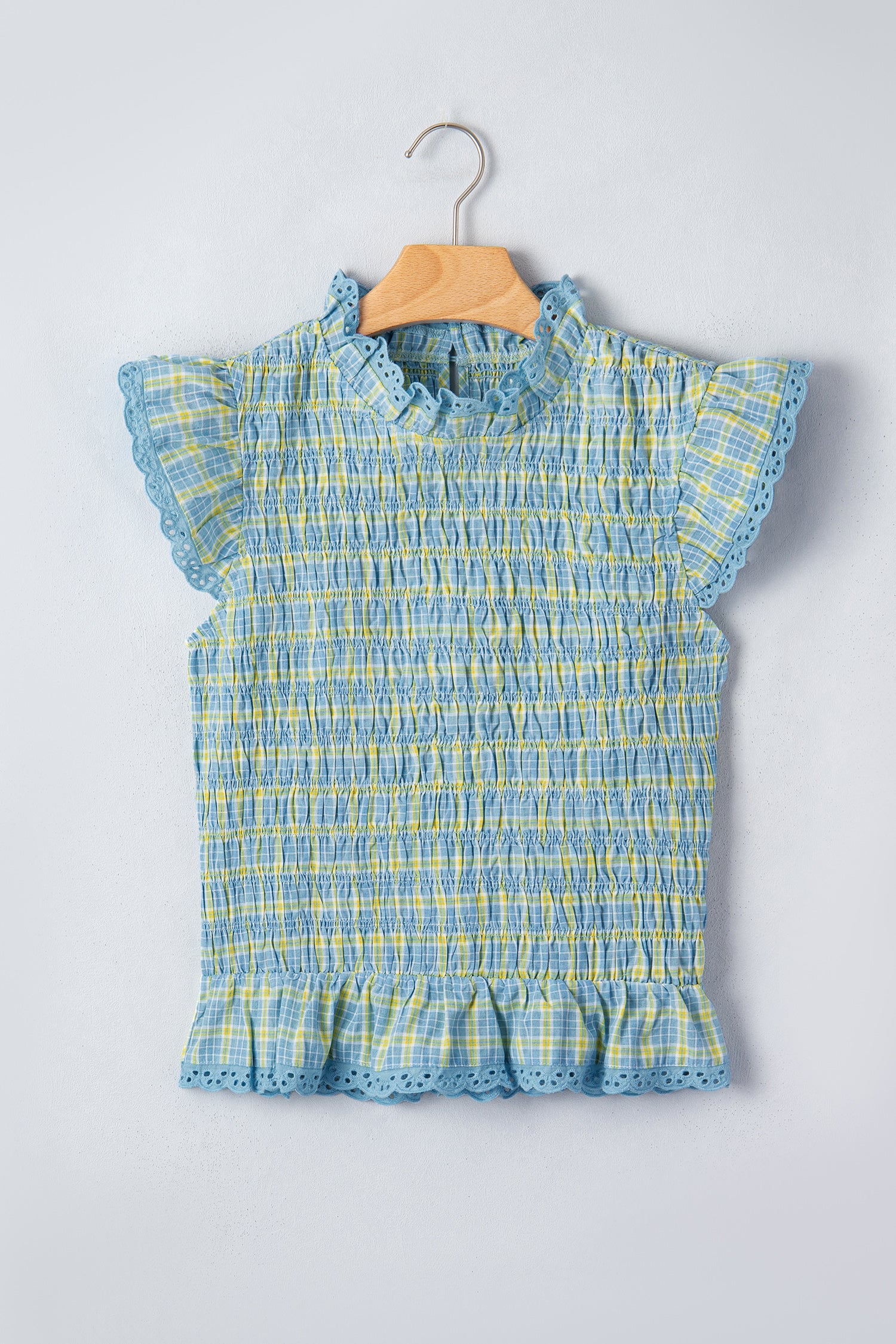 Gingham Smocked Lace-Trim Tank Top