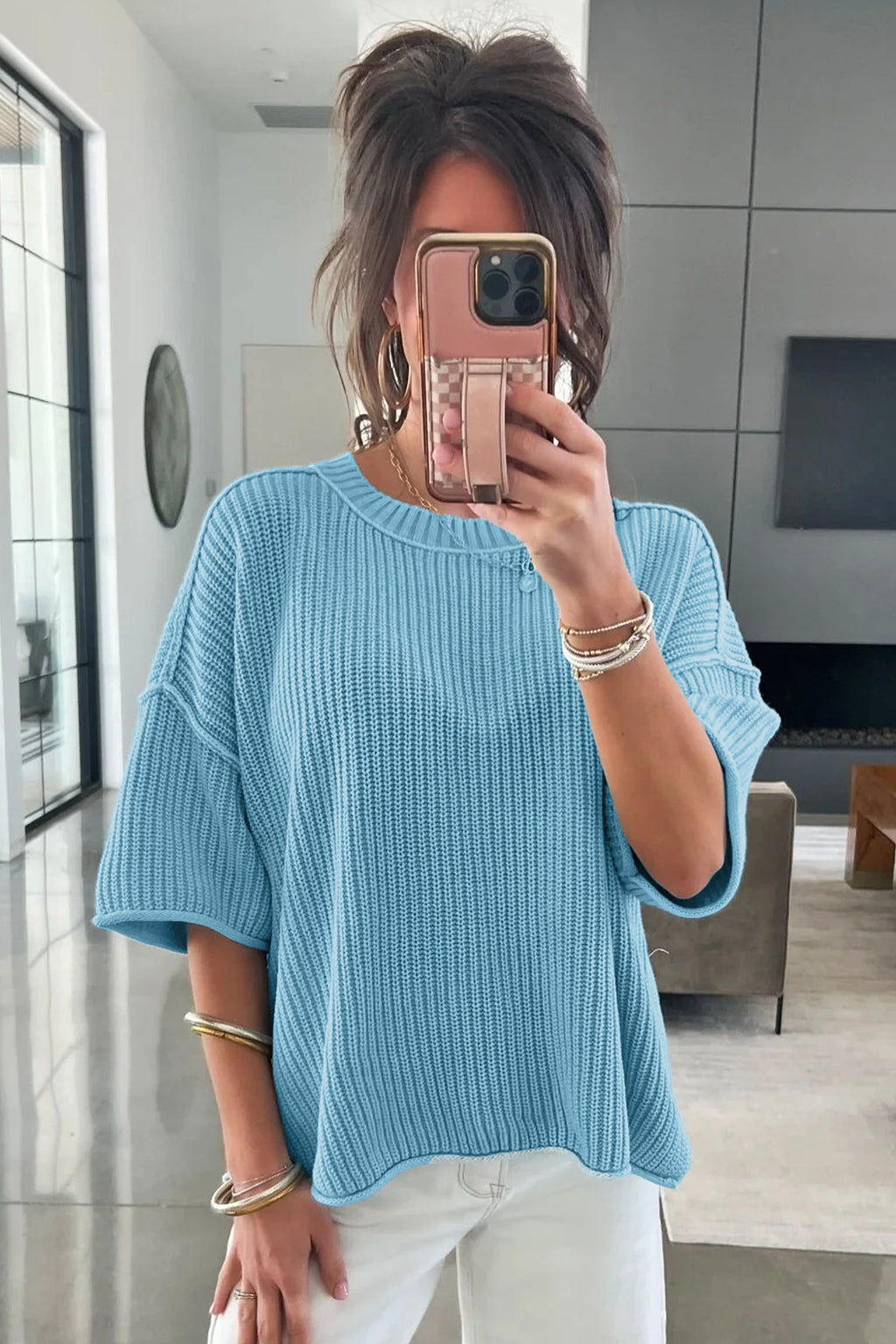 Blue Exposed Seam Half Sleeve Relaxed Sweater