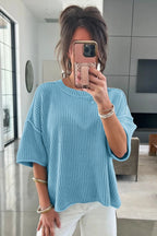 Blue Exposed Seam Half Sleeve Relaxed Sweater