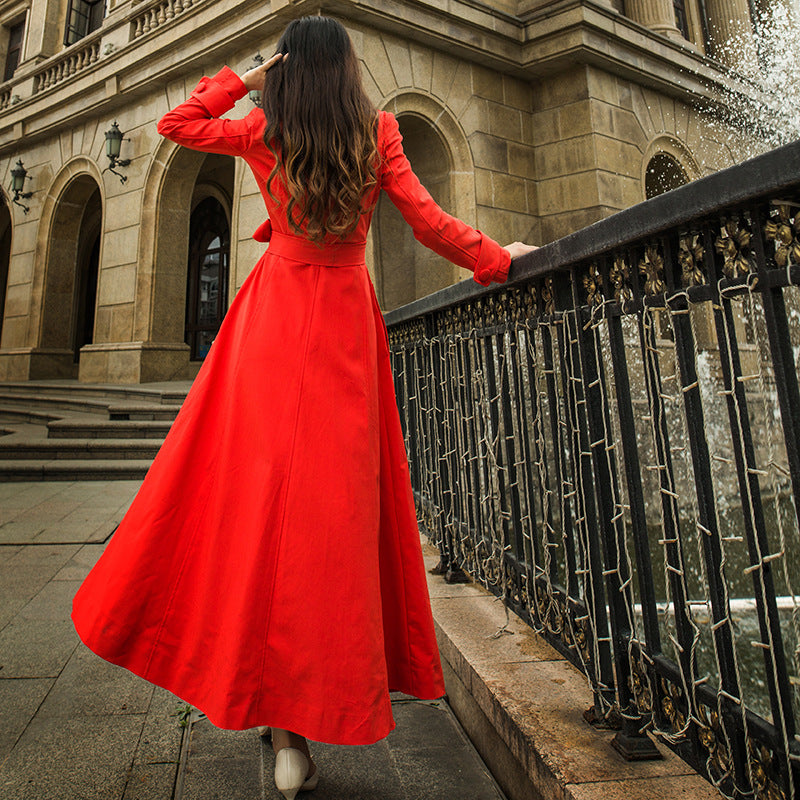 Buckle-Detail Belted Long Trench Coat