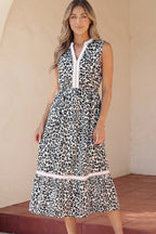 Leopard Print Colorblock Trim Sleeveless Midi Dress