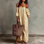 Woman wearing the Modarine striped off-shoulder puff-sleeve maxi dress