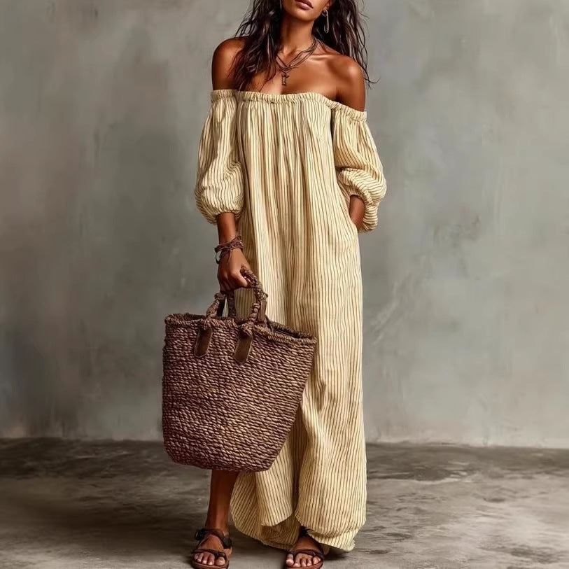 Woman wearing the Modarine striped off-shoulder puff-sleeve maxi dress