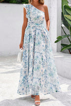 Blue Floral One Shoulder Ruffle Maxi Dress