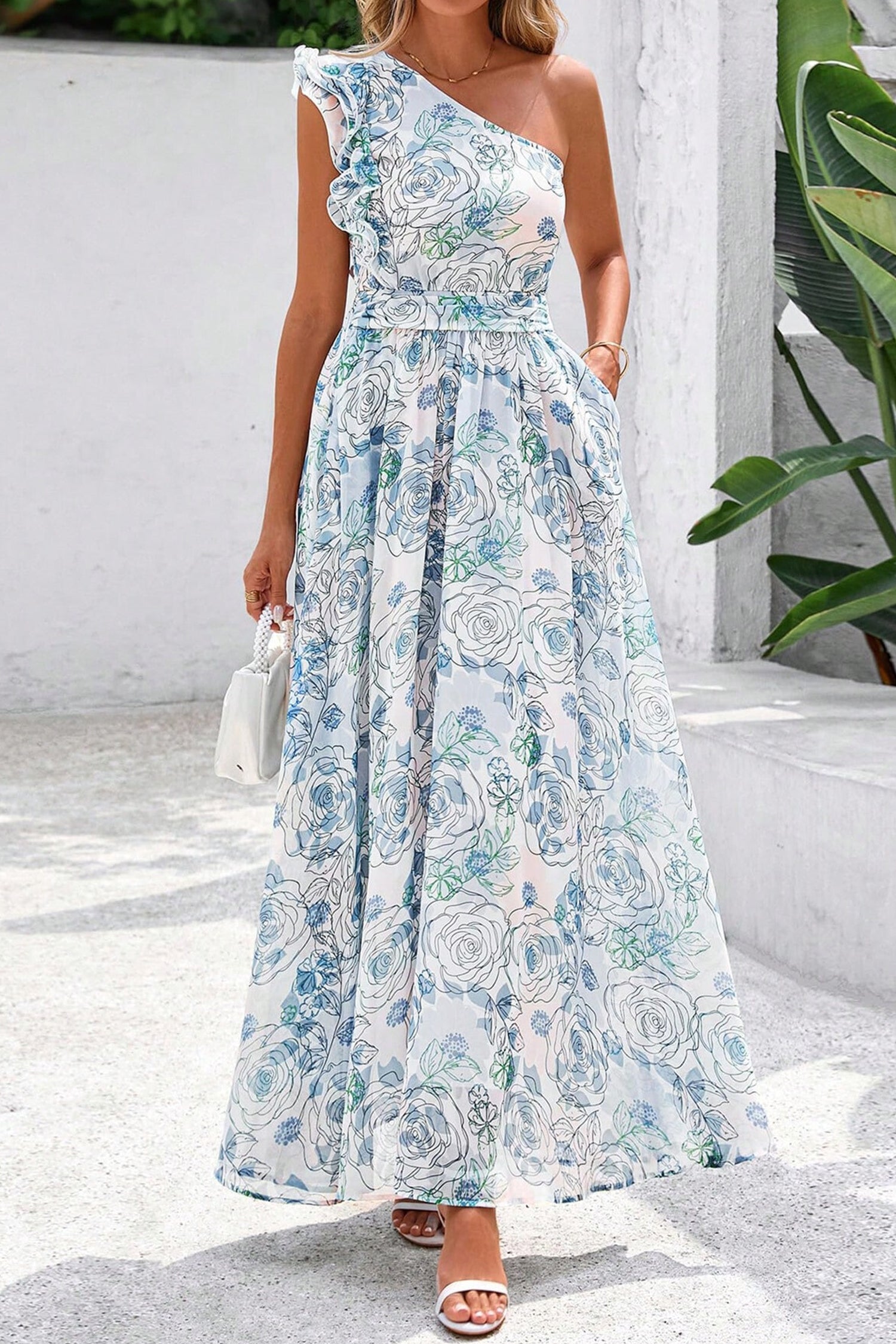 Blue Floral One Shoulder Ruffle Maxi Dress