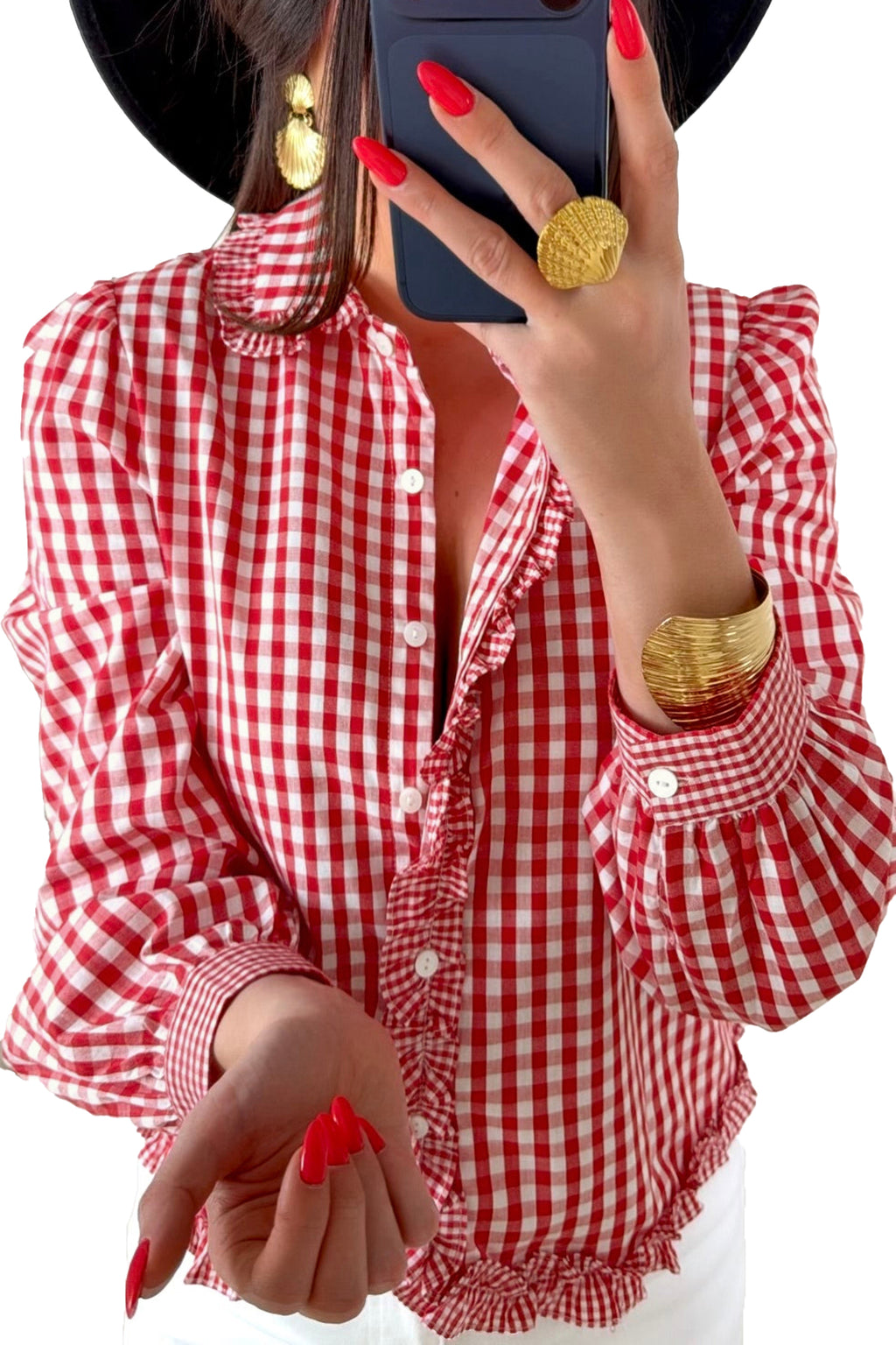 Plaid Frill Detail Button-Down Shirt