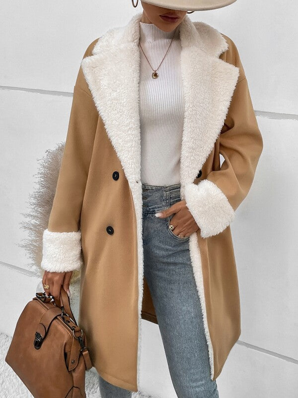 Plush-Trim Double-Breasted Longline Coat