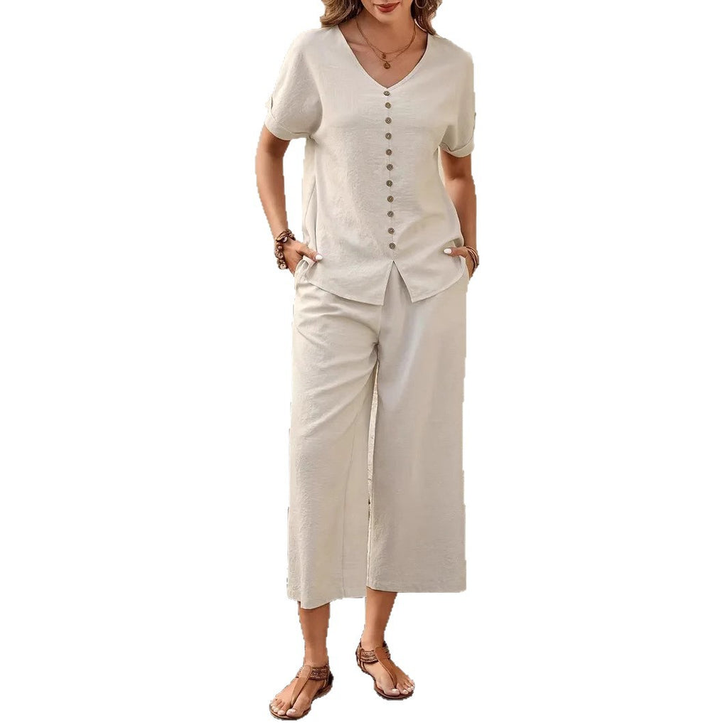 Button-Front Top and Cropped Wide-Leg Pants Set