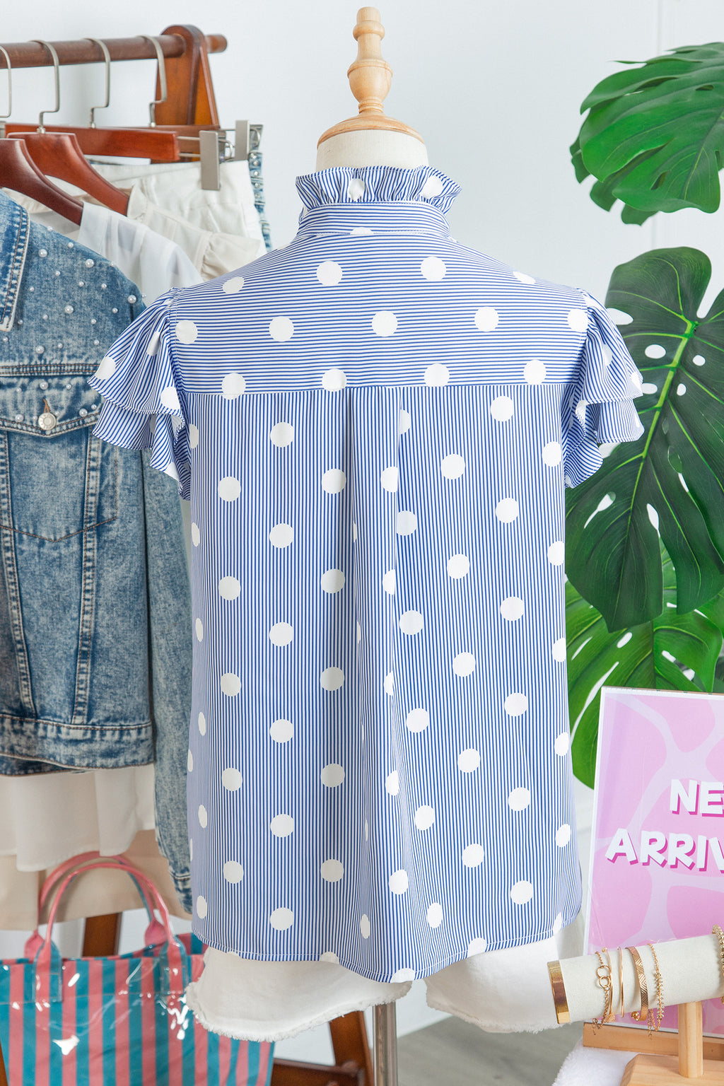 Striped Polka Dot Pleated Ruffle-Sleeve Shirt