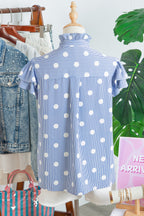 Striped Polka Dot Pleated Ruffle-Sleeve Shirt