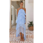 Woman wearing the Modarine tiered ruffle halter maxi dress