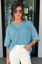 Blue Exposed Seam Half Sleeve Relaxed Sweater