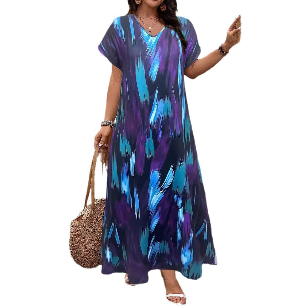 Plus Size Printed Short-Sleeve Swing Maxi Dress