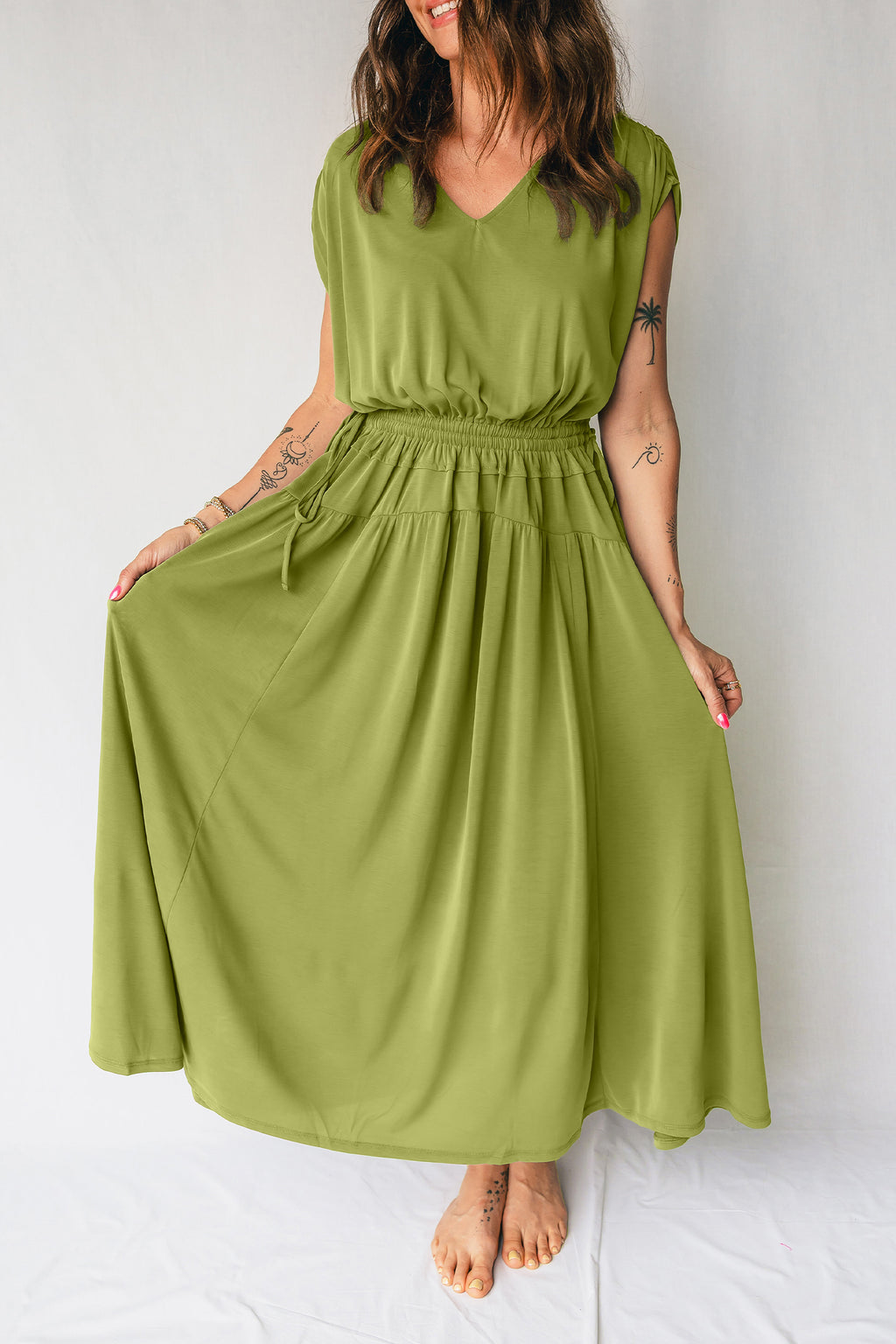 V-Neck Cap Sleeve Elastic Waist Maxi Dress