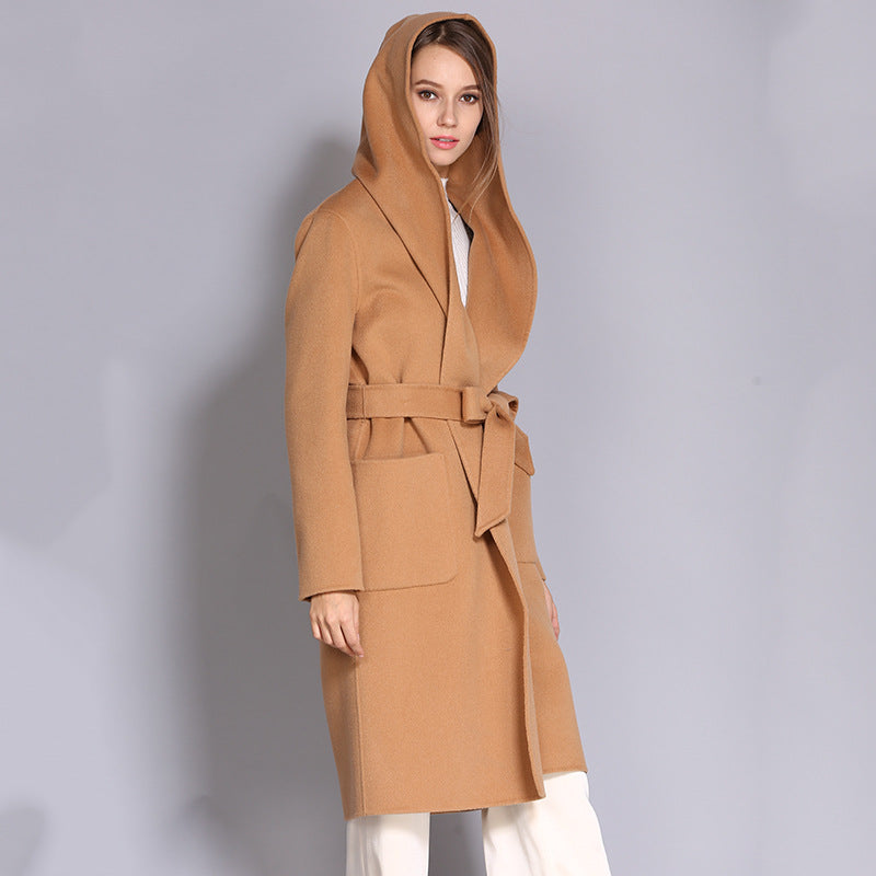 Hooded Belted Wool Wrap Coat