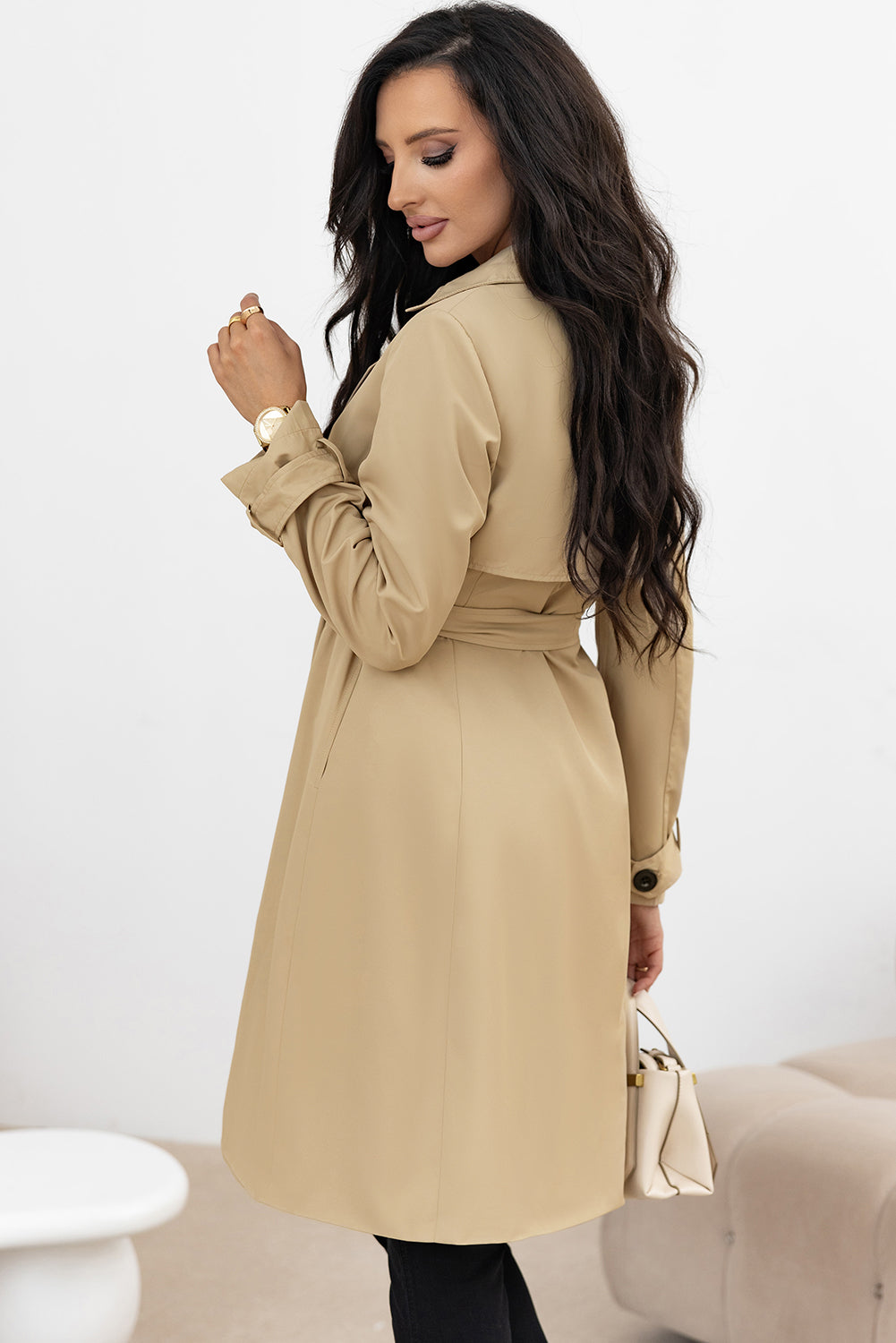 Lapel-Collar Waist-Tie Long Coat