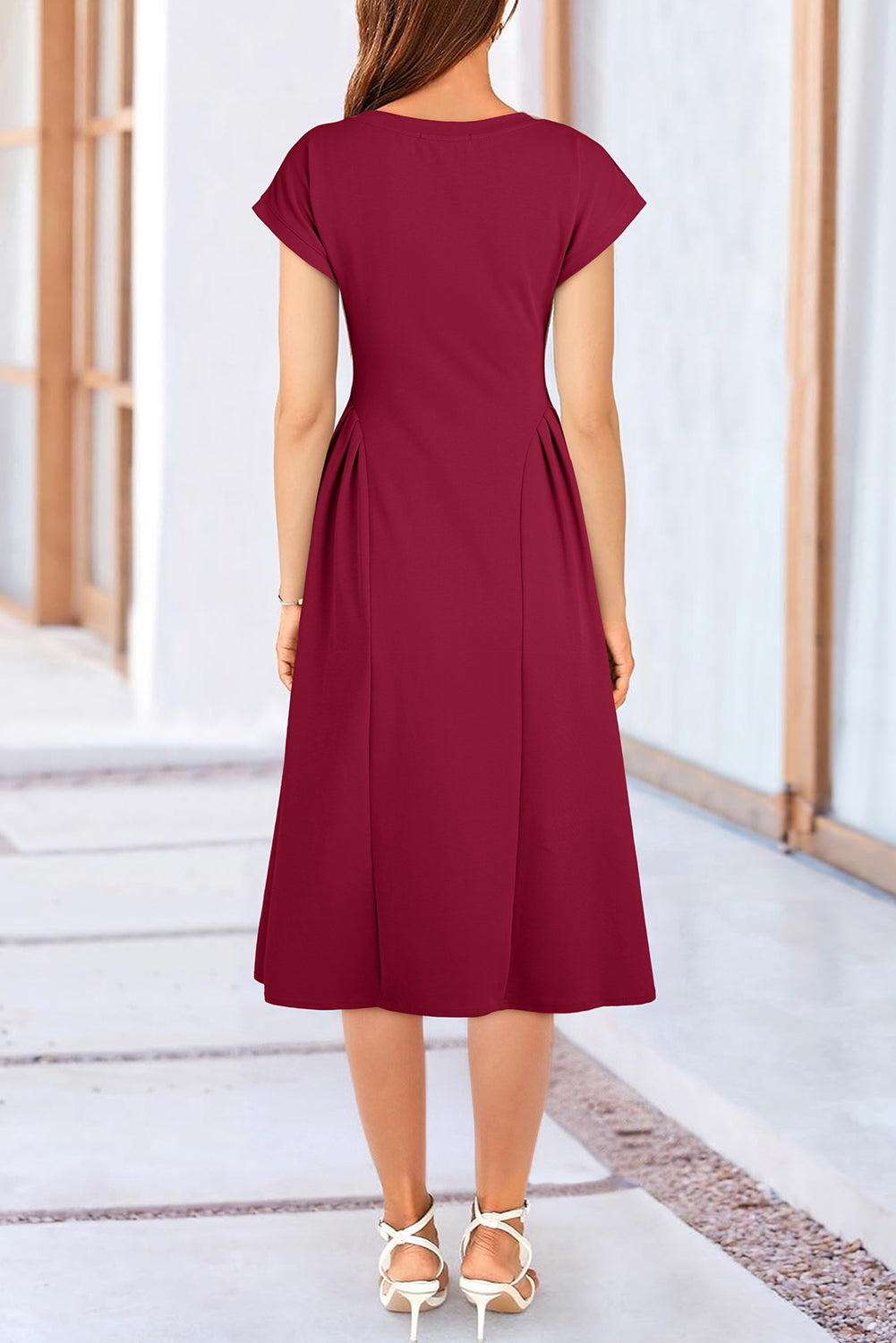 V-Neck Pleated Flared Midi Dress
