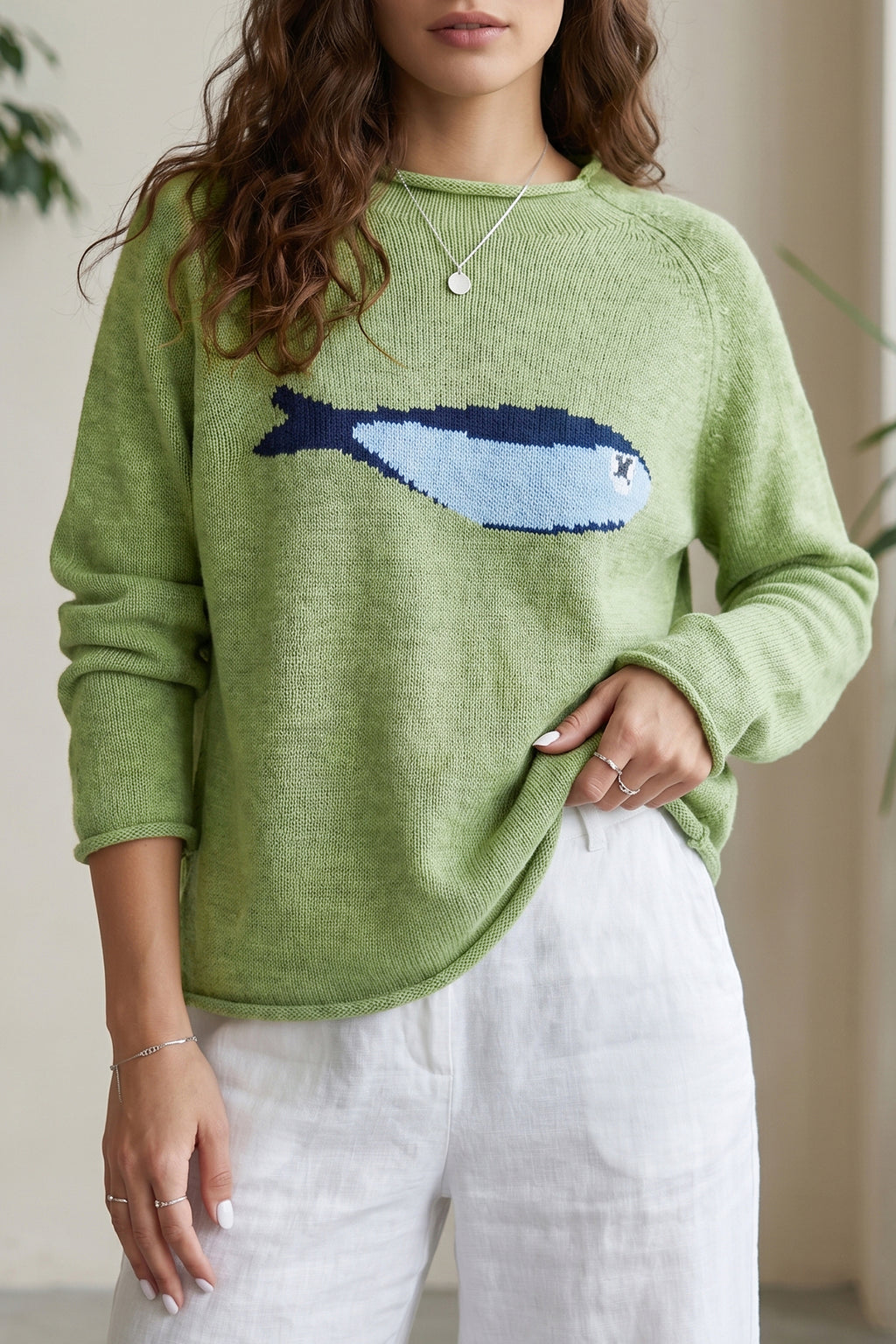 Fish Motif Oversized Round Neck Sweater