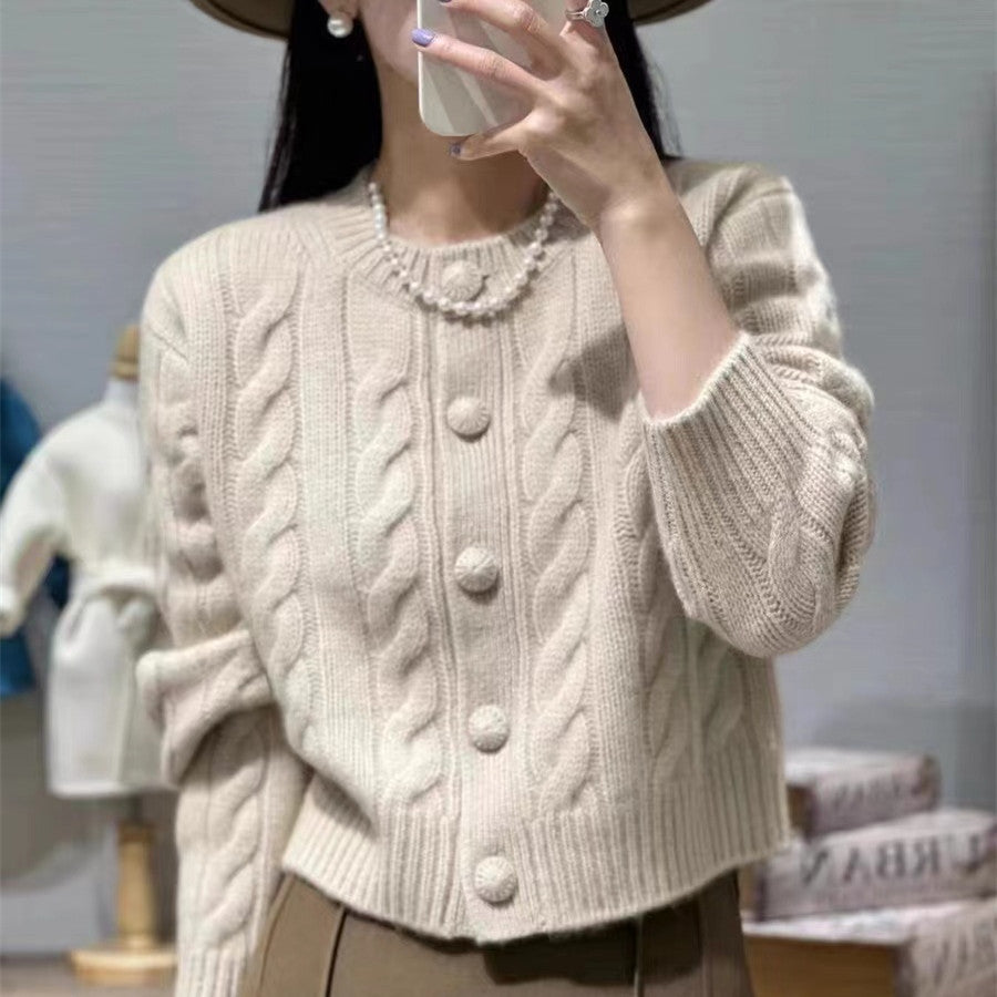 Round-Neck Wool Knit Cardigan