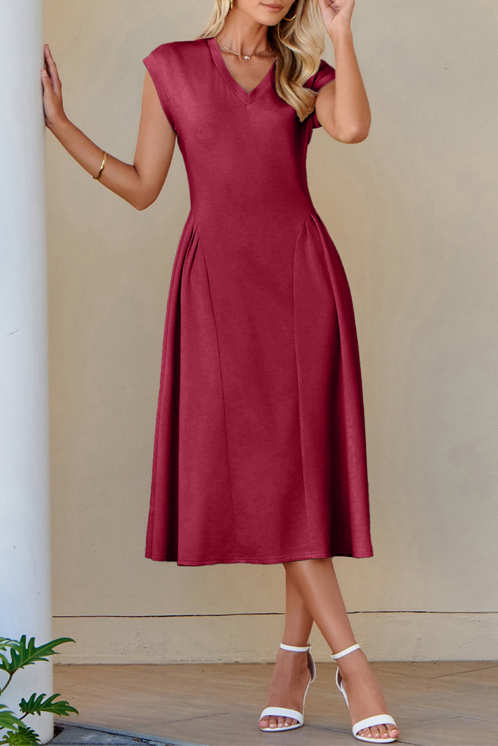 V-Neck Pleated Flared Midi Dress