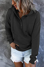 Button-Placket Drawstring Hooded Sweatshirt