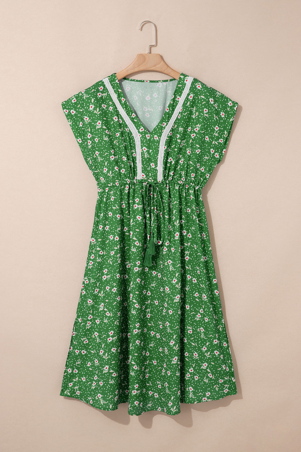 Abstract Print Embroidered V-Neck Drawstring Midi Dress