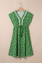 Abstract Print Embroidered V-Neck Drawstring Midi Dress