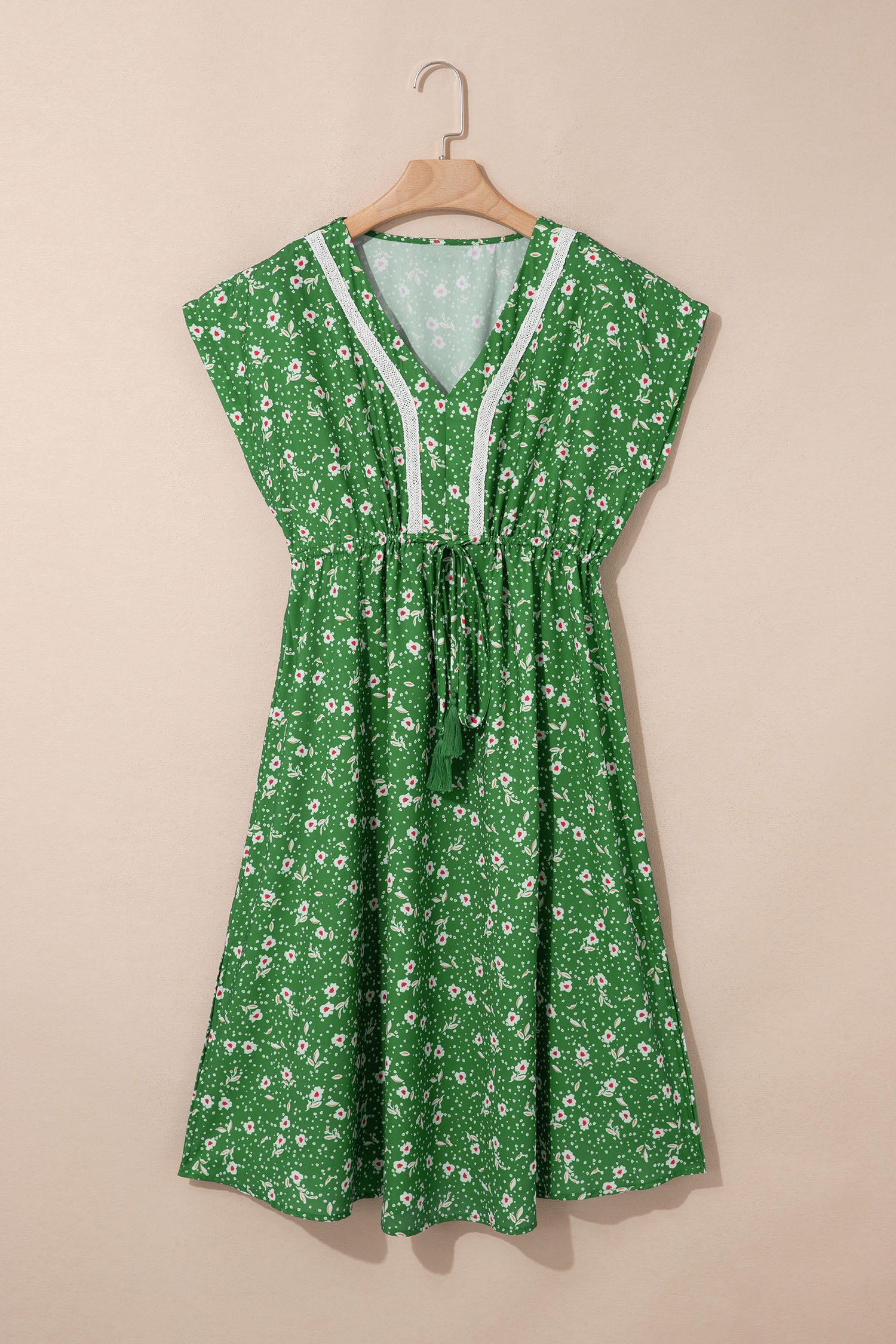 Abstract Print Embroidered V-Neck Drawstring Midi Dress